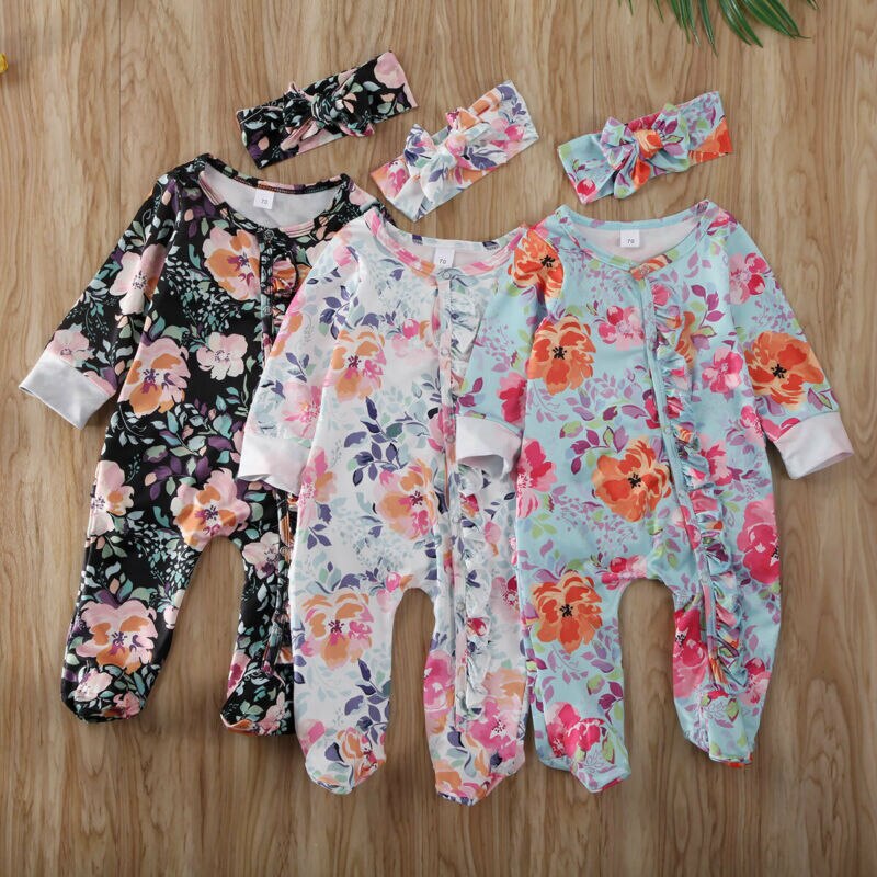 Leuke Pasgeboren Baby Meisjes Jongens 0-6M Footies Bloemenprint Lange Mouwen Ruches Single Breasted Playsuit Hoofdband Kleding outfits