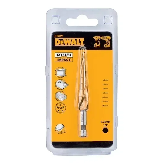 DEWALT-Broca escalonada para ampliar agujeros hexagonales 1/4, cortador de agujeros de Metal y madera recubierto de titanio, DT5026, DT5031, DT5030, DT5027