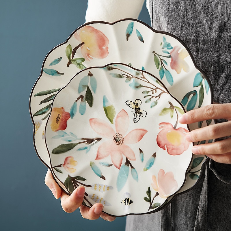 Plato de cerámica con forma de flor para servir, vajilla de Floral PARA CENA, vajilla apta para microondas, plato de postre de 8/10 pulgadas