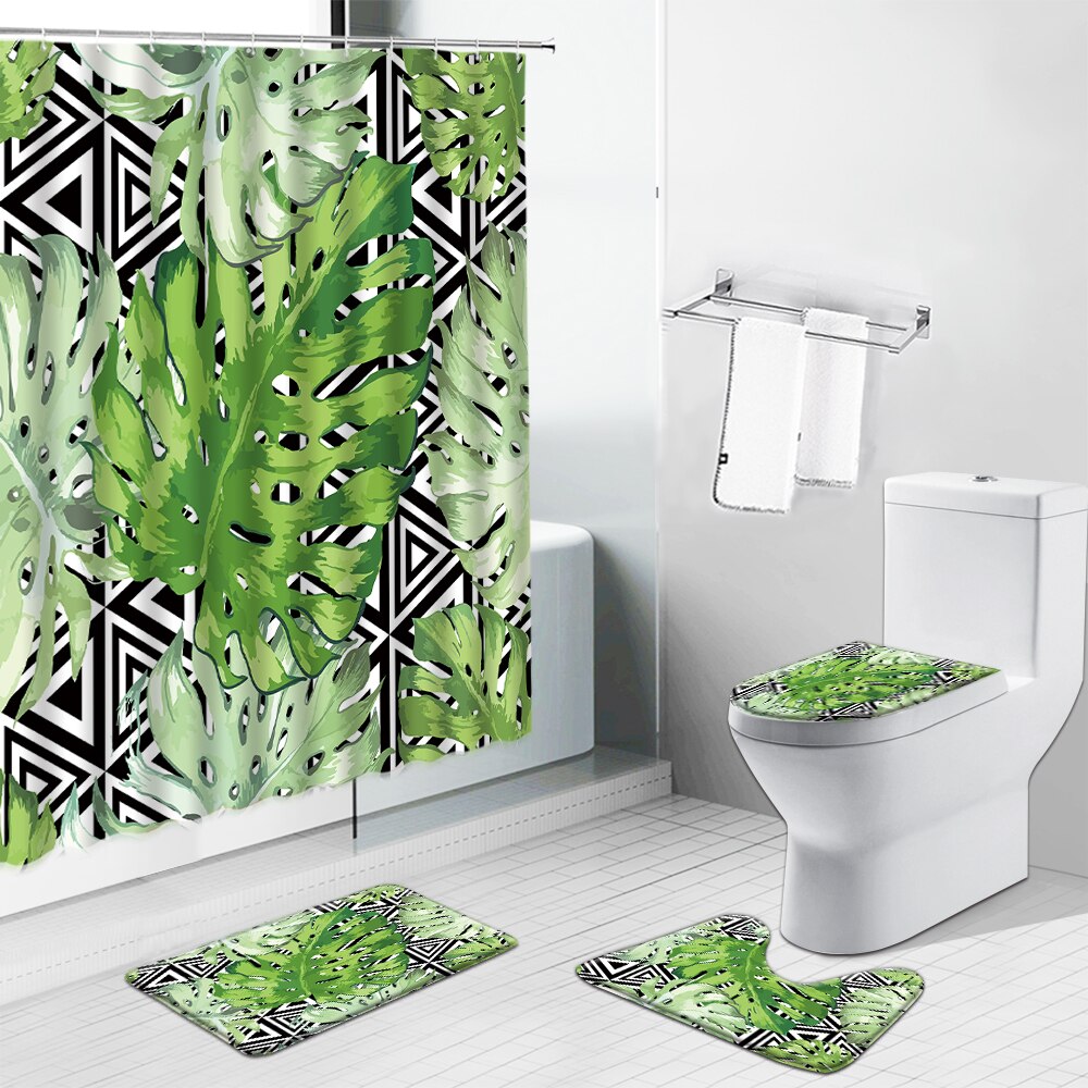 Pianta verde tropicale Monstera tende da doccia tappetino da bagno foglie di fiori scenario tappeto antiscivolo copriwater tappeto Set di decorazioni per il bagno: 3887L-4pcs Set