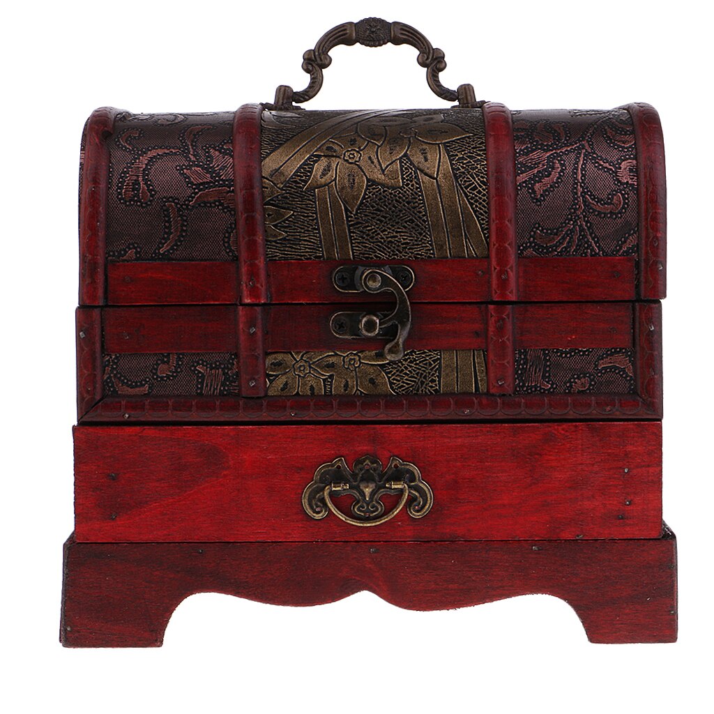Handmade Wooden Jewelry Box - 22x16cm - Vintage Asian Style - Ring Necklace Organizer Case with Lock