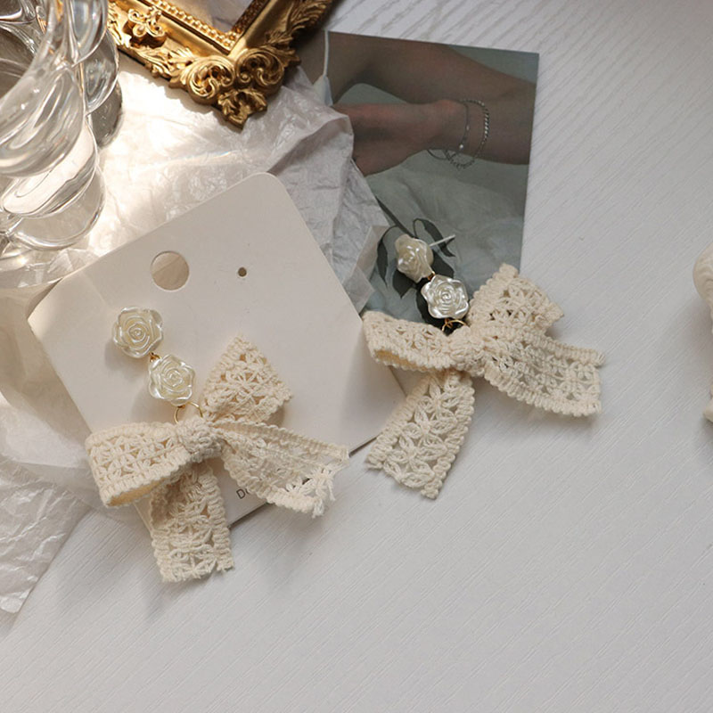 Bloem Boog 2022 Sieraden Koreaanse Zoete Witte Strik Vrouwen Oorbellen Zoete Stof Kant Boog Oorbellen Sieraden: Default Title