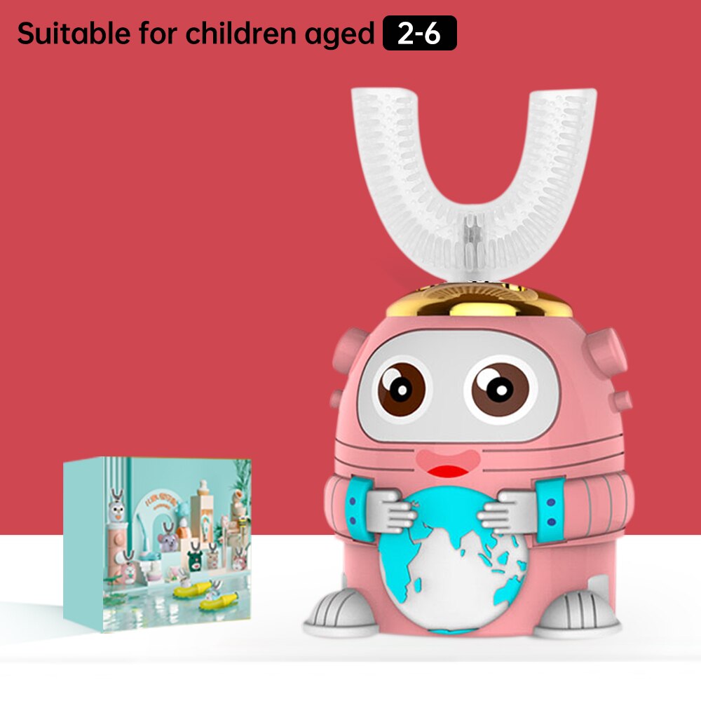 Smart 360 Degress U Sonic Electric Toothbrush Kids Silicone Automatic Ultrasonic Tooth Brush Children Blue Light Teeth Brush: Astronaut Pink 2-6