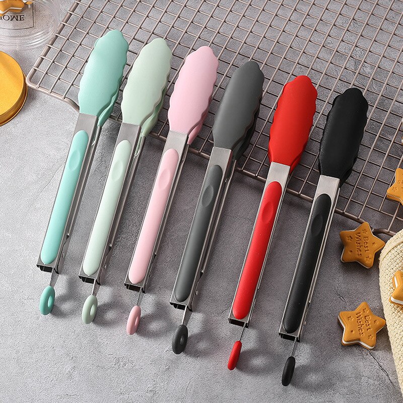 Hotec Premium Stainless Steel Locking with Silicon Tips Food Grade Silicone Tong Bread Serving Kitchen Tools BBQ: 2PCS Random color
