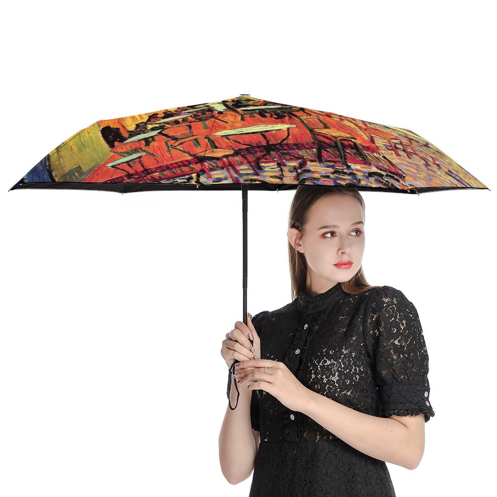 Vincent Van Gogh Paraguas automático de 3 pliegues Café Terraza por la noche Paraguas ligero Sol y lluvia Paraguas de abrigo negro para hombres y mujeres