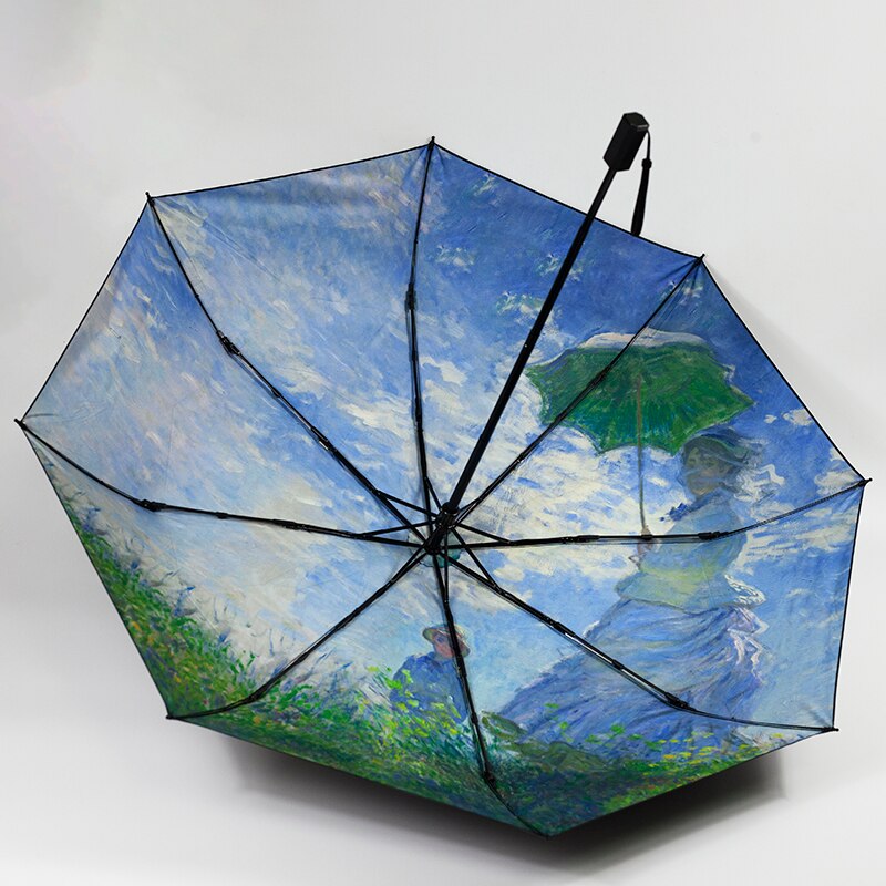 Claude Monet Oil Painting Umbrella Portable Manual 3-fold Rain Sun Umbrella For Women Parasol