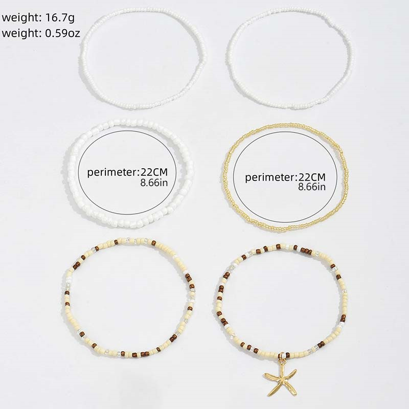 Tobillera bohemia multicapa con cuentas de arroz para mujer, tobilleras con colgante de estrella de mar a la , cadena de tobillo de playa de arena para verano, joyería en la pierna