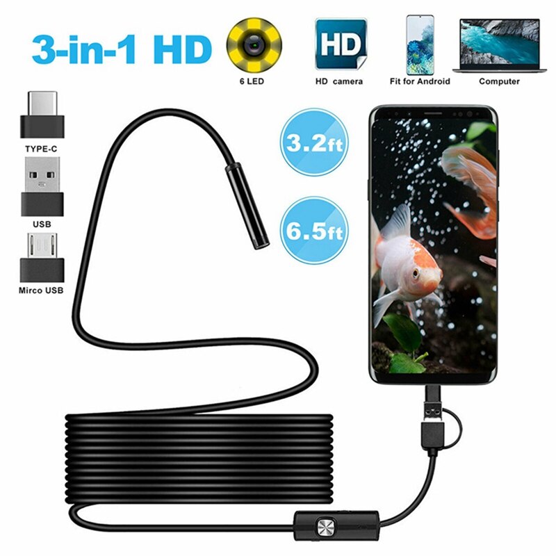 2m 3IN1 USB Dual Endoscope Camera HD Hard Cable Inspection Camera 8mm 6 LED Borescope for Android PC Endoscope