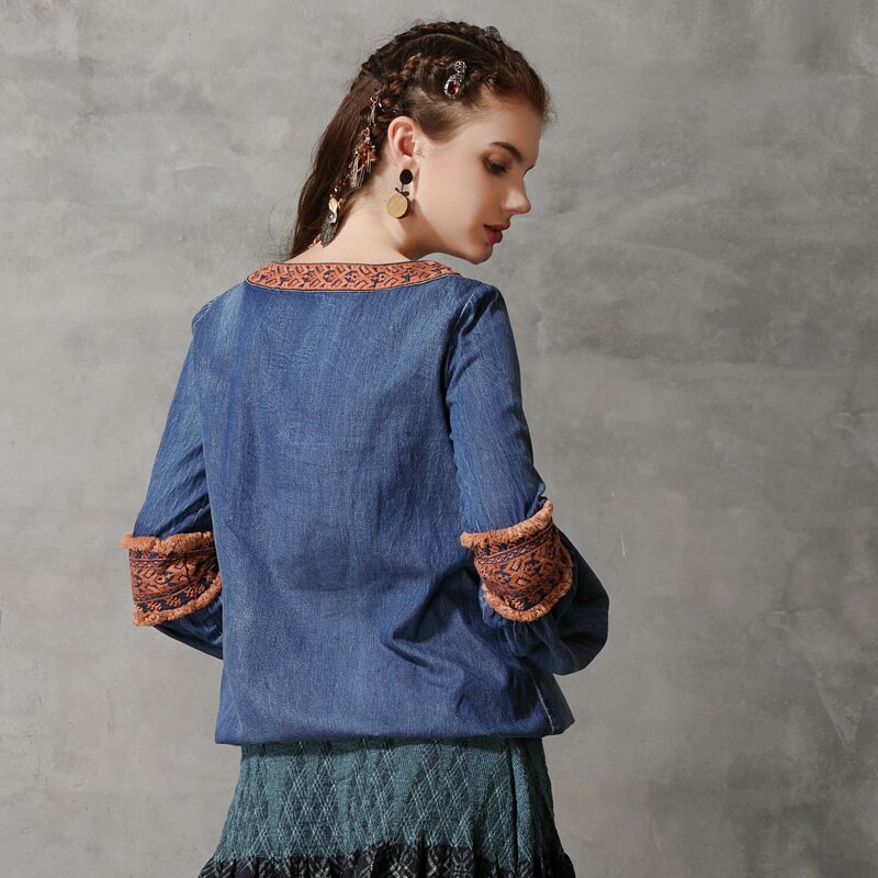 Bluse kvinder efterår bomuld dame toppe og bluser o-hals lange lanterne ærmer vintage broderi skjorte  b9283 blusas