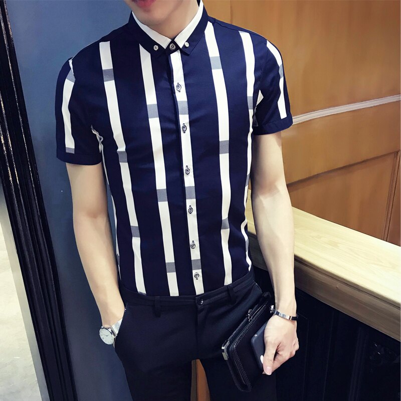 Mønster stribe skjorte mænd sommer mænd kortærmet slim fit skjorte mænd camisa masculina social formel skjorte mænd marineblå