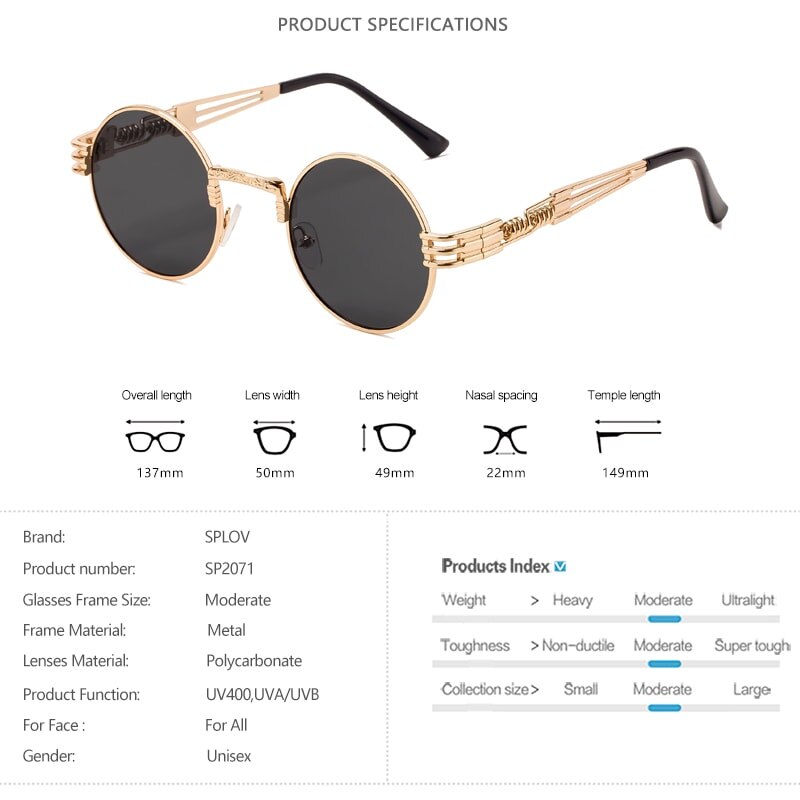 SPLOV Retro Steampunk Round Metal Sunglasses for Men and Women Double Spring Leg Colorful Eyewear UV400