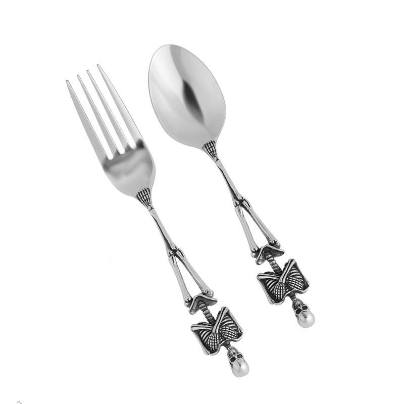 Titanium Steel Skeleton Skull Fork Spoon Tableware Vintage Dinner Table Flatware Cutlery Set Metal Crafts Halloween Party: Spoon and Fork