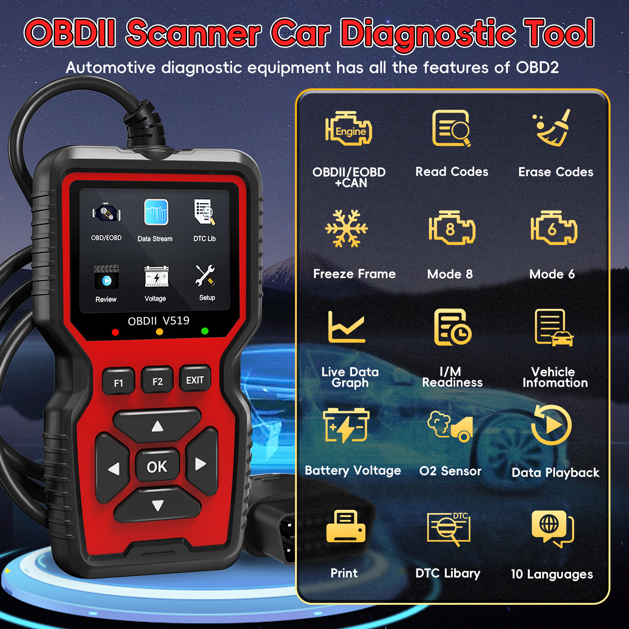 OBD2 Scanner Diagnostic Tool, Enhanced Auto Check Engine Code Reader with Reset, I/M Readiness OBDII/EOBD Car Diagnostic Scan To