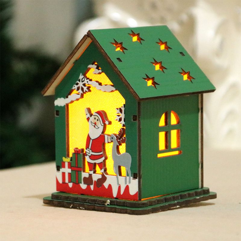 Casa de madera LED Chalet muñeco de nieve decoración de Navidad ciervo adorno de Papá Noel F