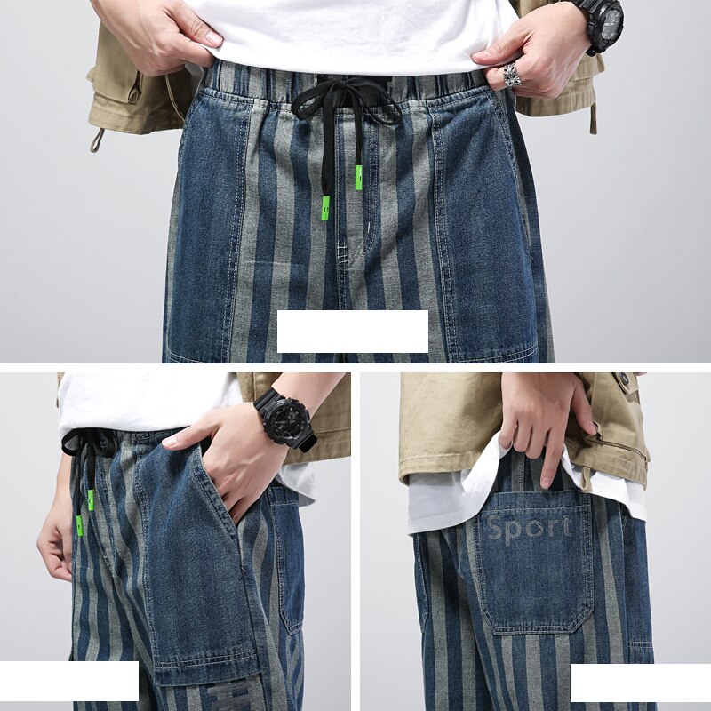 Pantalones vaqueros de rayas verticales para hombre, ropa de a la , con bolsillos grandes, holgados, elásticos, rectos, 2022