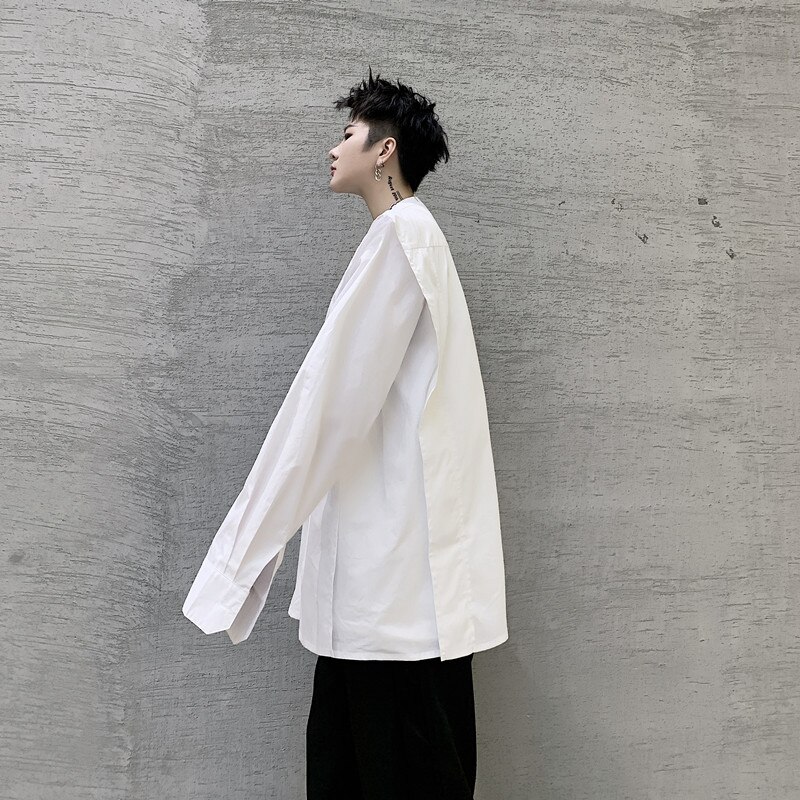 Camisa informal de manga larga con hombros anchos y cuello alto de color blanco para hombre, ropa de calle de Japón, vestido suelto a la , camisa, ropa para escenario