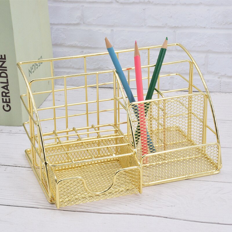 Rose Gold Desktop Storage Box Desk Magazine Rack with Pen Holder, Handmade Metal File Office Organizer Paper Tray Drawer Stor