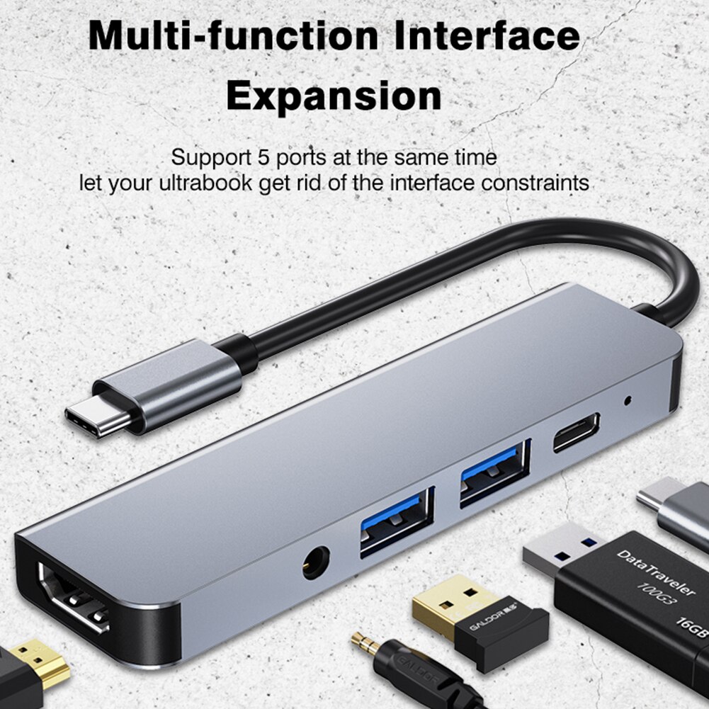 Byscoon Type C HUB 5 In 1 87W PD 3.0 Docking Station USB C To 4K HDMI USB 3.0 AV 3.5mm Audio Adapter For Lenovo Xiaoxin Pro 13