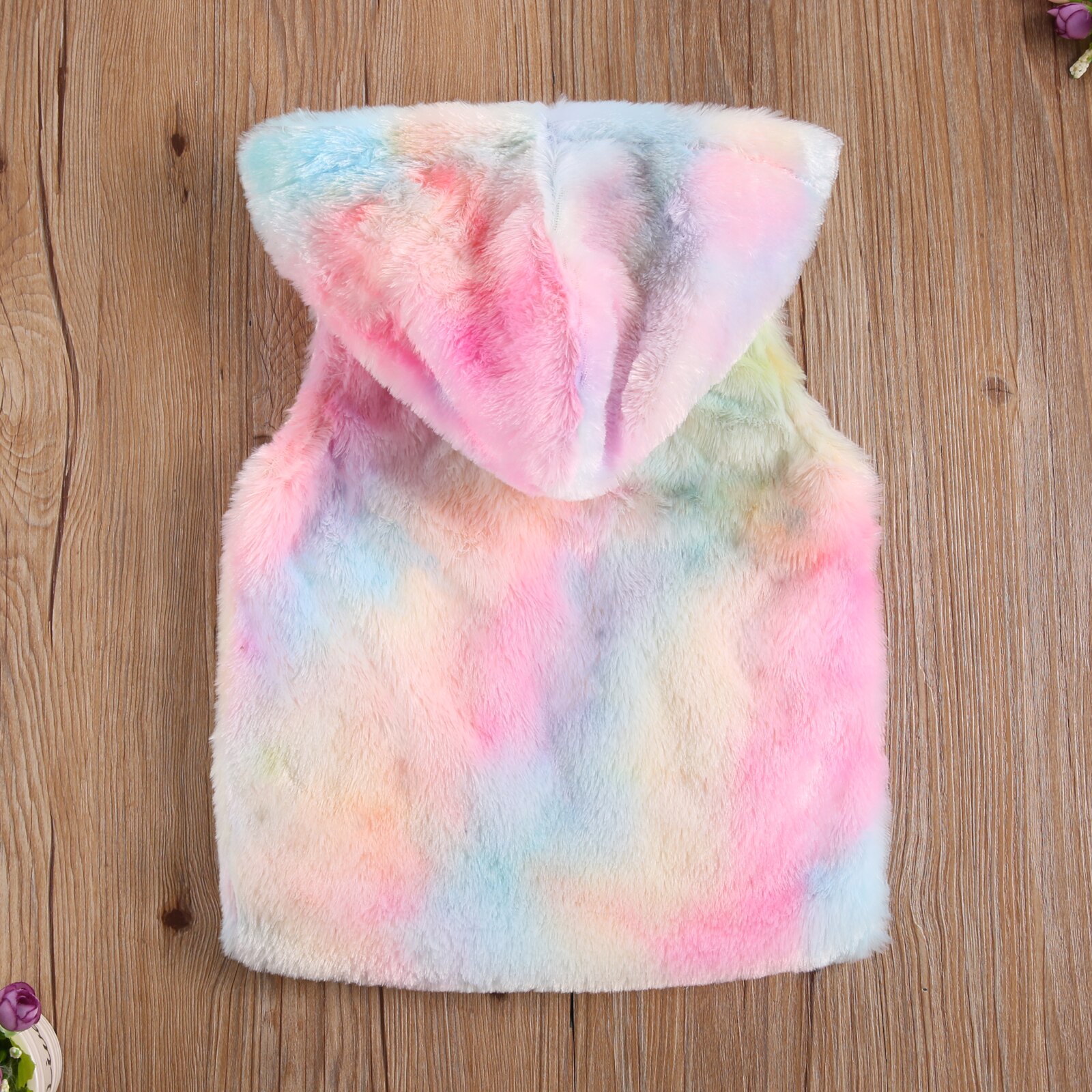 Colorful Girl's Plush Hooded Vest Sleeveless Zipper Hooded Collar with Two Pockets for Winter and Late Autumn