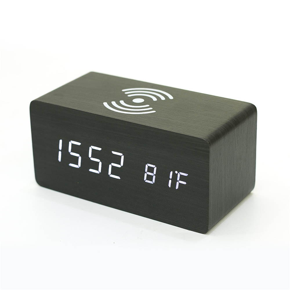 Holz Digital LED Wecker Mit QI Drahtlose Ladegerät Tisch Uhr Temperatur Luminova Kalender Schwarz Schreibtisch Uhren: Schwarz Weiß