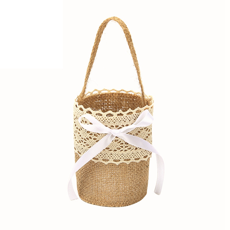 Ślub koronkowy jutowy kwiat kosz lniany uchwyt Vintage rustykalny ślub ceremonia dekoracja stołu Baby Shower Party cukierki prezent torba: zielone światło