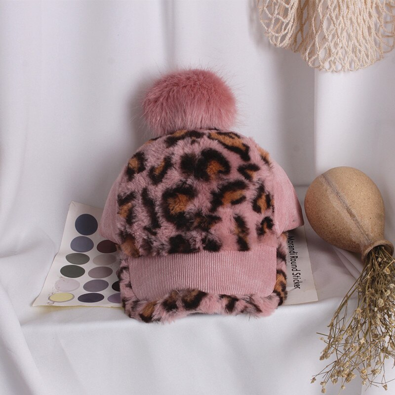 Leopard print baseball kasketter varm pom pom hat børn toddler baby pige vinter hat cap: Lyserød