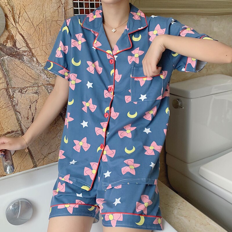 Autumn Summer Women Pajamas Set Short Sleeve Cartoon Girls Sleepwear Set Female Loungewear Cute Women Pyjamas Set
