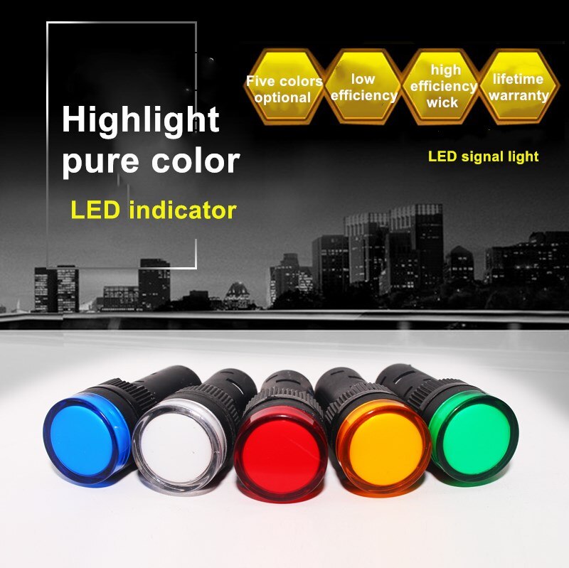 16mm Panel Mount Signal Power Led Indicator Light Blue Green Red White Yellow Pilot Lamp AC/DC 12V/24V/220V Signal Warning Lamp