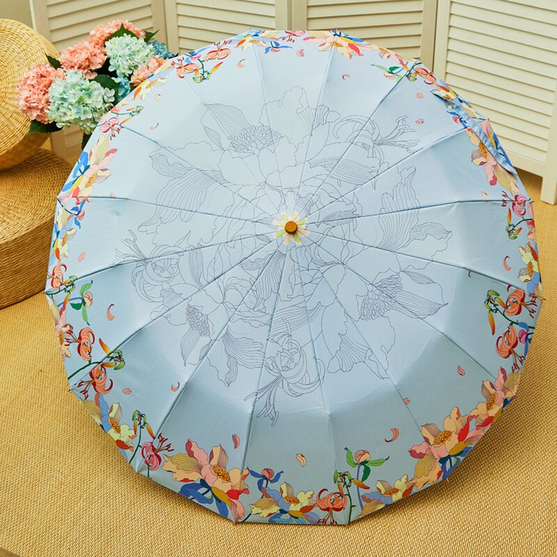 Japanse stijl bloemen paraplu regen vrouwen anti uv zonneparaplu houten handvat drie opvouwbare paraplu's zilveren coating 16k parasols