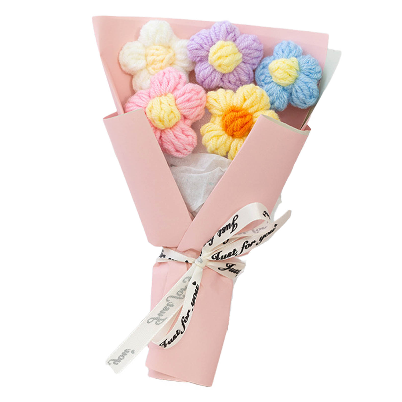 Hand Woven Flower Bouquet Mini Crochet Yarn Bouquet For Wedding Party Graduation Ceremony Lovely Decoration Puff Bouquet: Pink