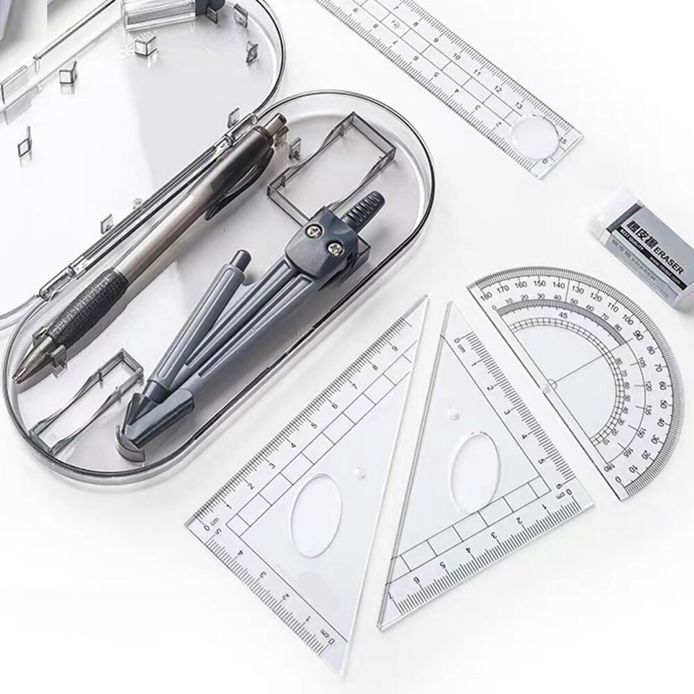 8 pcs/set Protractor Drawing Triangle Eraser Compasses Set Math Eraser Ruler For Students School Supplies