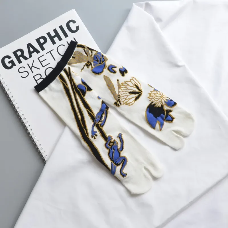 Colorful Cartoon Combed Cotton Women's Two Toe Socks Grapes Waves Carp Japanese Harajuku Funny Cute Sandals Tabi Socks Sokken