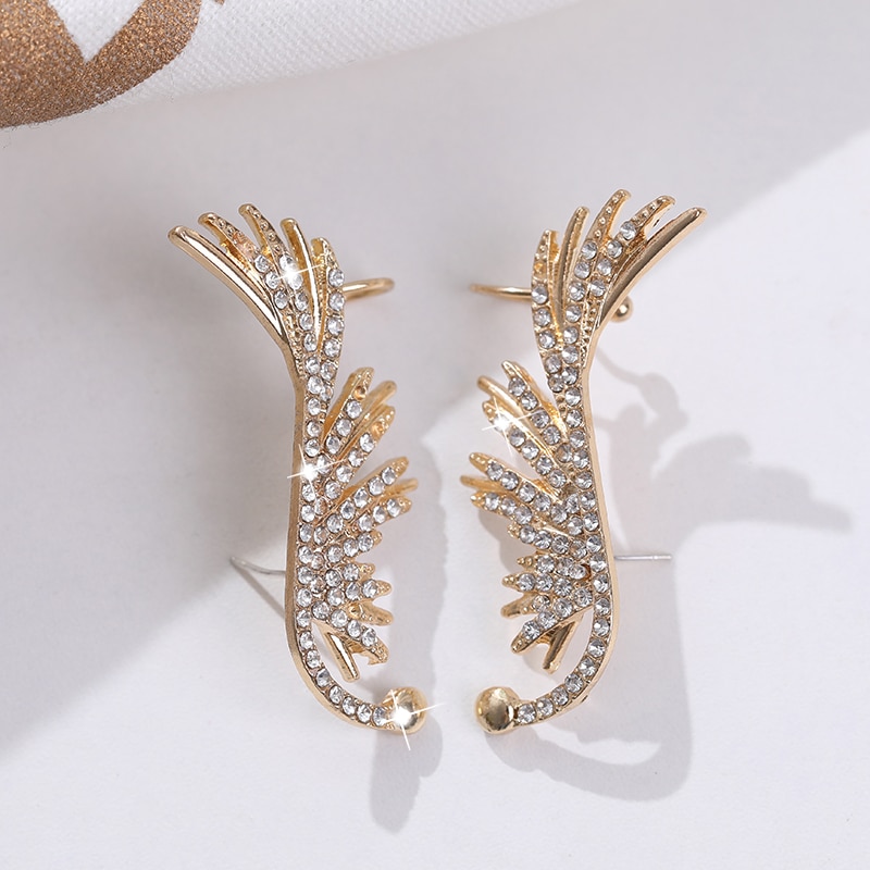 Angel Wing Full Rhinestone Ear Cuff Popular Leaf Shaped Clear Crystal Jewelry Women Party Clip Earring Punk Style