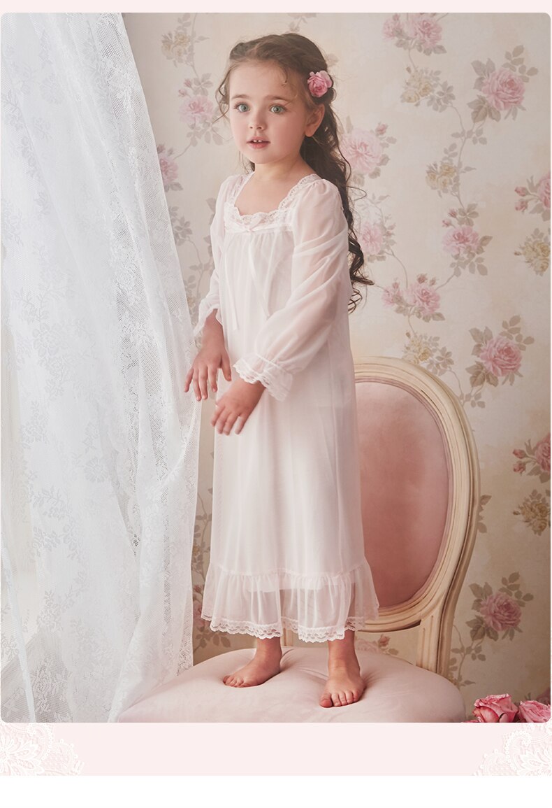 Camisón de princesa para niñas pequeñas, vestido de dormir de malla de encaje, manga larga, longitud media