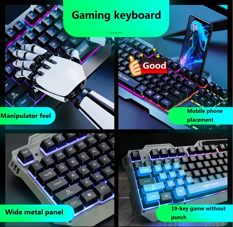 Speltangentbord och musuppsättning, spelmanipulator, coolt lysande tangentbord och mus, lämplig för spel och kontor