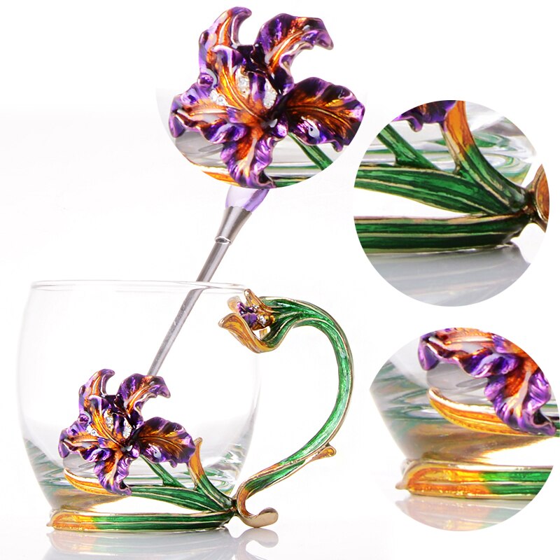 Iris blomma emalj glas kopp applikation värmebeständig glas te kopp kaffe glas bröllop familj kontor drinkware box