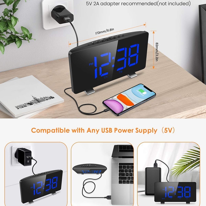 Digital Alarm Clock, ELEGIANT Alarm Clocks for Bedrooms with FM Radio,Dual Alarms,6.7 inch LED Sn,USB Port for Charging,Auto