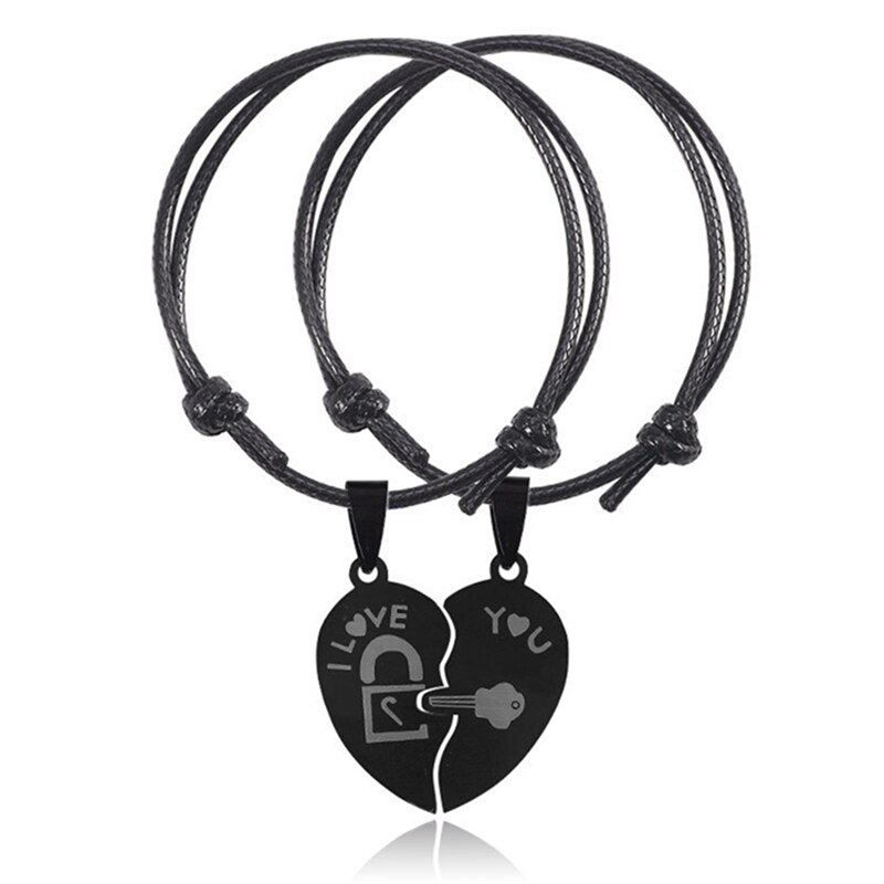 Couple Bracelets for Women and Men Heart Black Stainless Steel Key Lock Two Halves Paired Bracelet Jewelry 2PCs/set