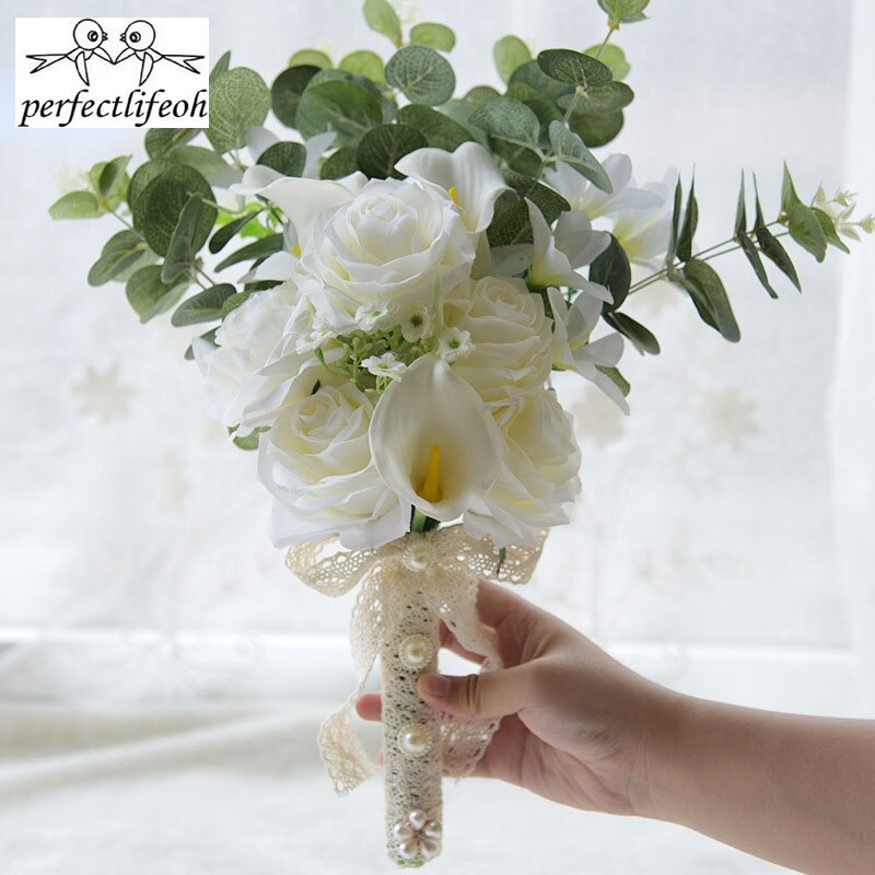 perfectlifeoh Beautiful Artificial Flowers Ivory/Yellow Calla Lily Long Flower Bouquet Wedding Bouquet bridal bouquets