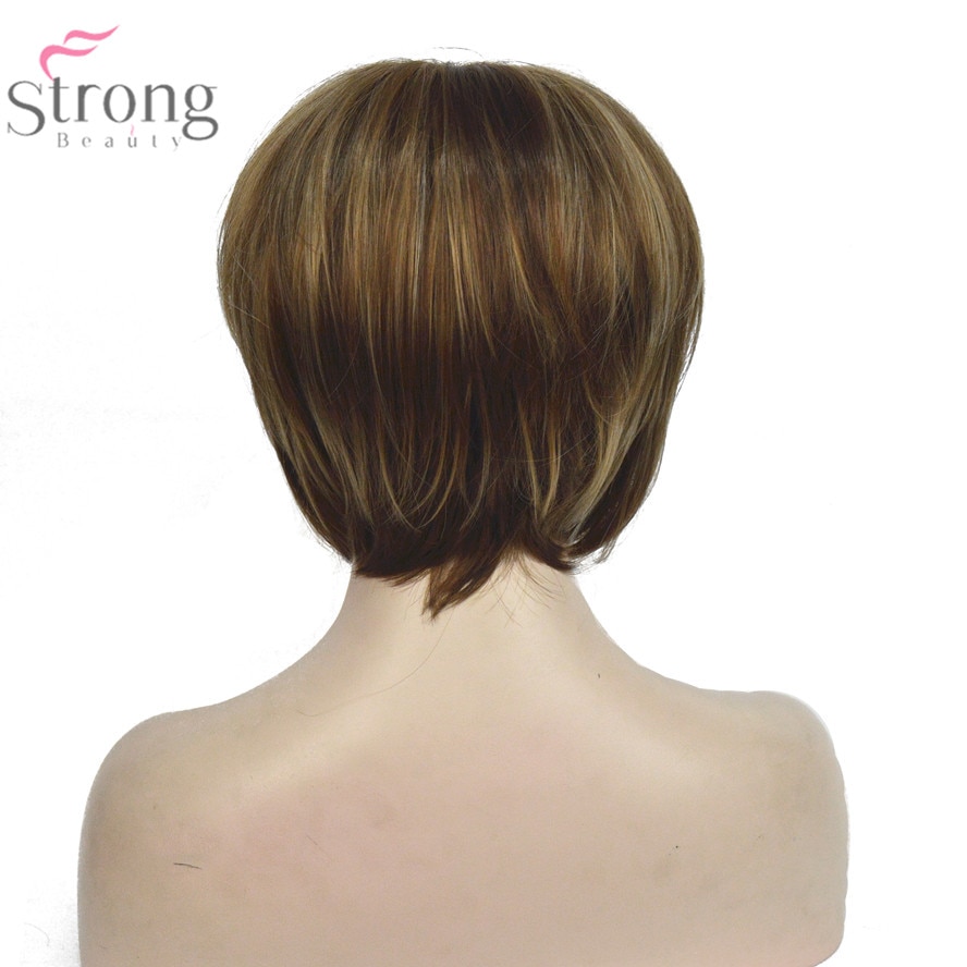 StrongBeauty Vrouwen Bob Stijl Korte Rechte Pruik Bruin met Blonde Highlights Synthetisch Natuurlijke Volledige Pruiken
