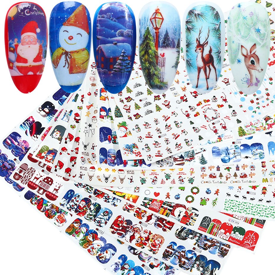 12 st jul nagelklistermärken set santa älg snögubbe vattenöverföringsreglage för naglar tecknad vinter år manikyr jibn/a -1