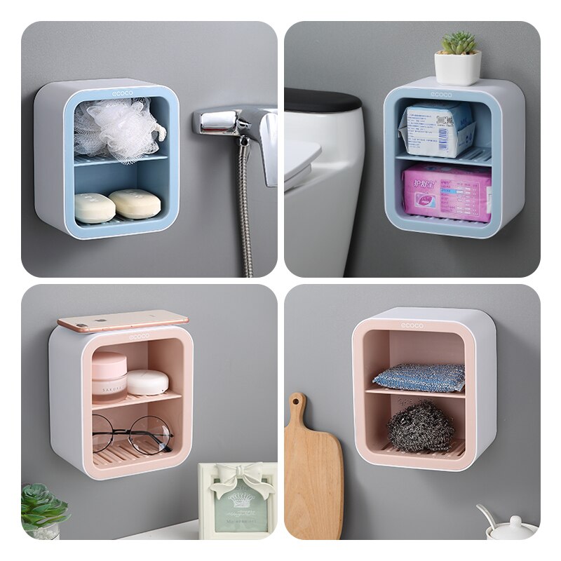 ECOCO Double Drawer Wall Mounted Soap Dish Box Bathroom Shower Soap Holder Tray Storage Rack Shelf Bathroom Accessories