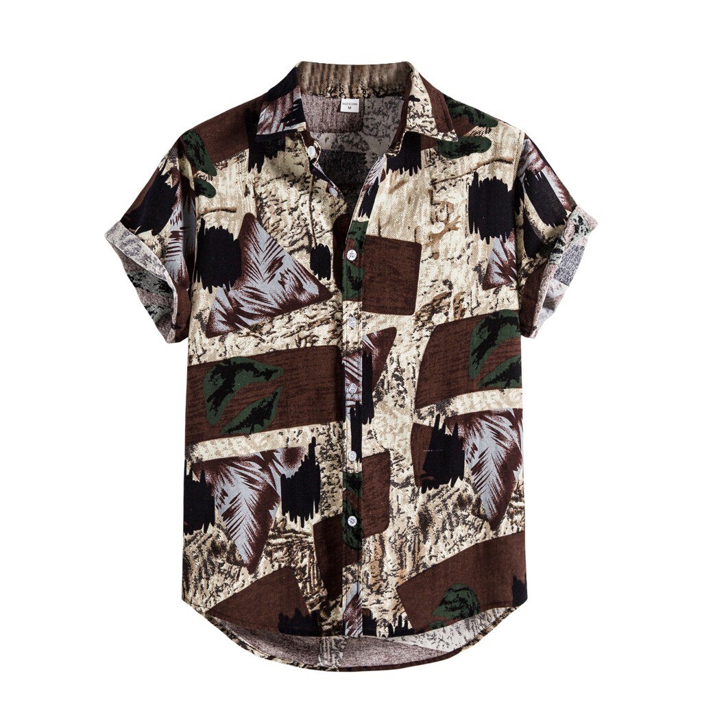 Mens Linen Hawaiian Shirts Tops Summer Ethnic Print Tees Shirt Short Sleeve Shirt Blouse Tops Men Clothing Chemise Homme Shirt: XXXL