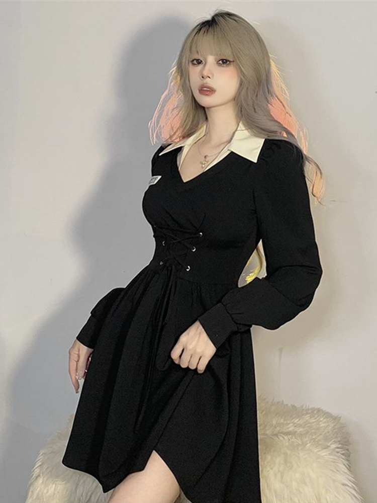 Zoki koreansk oversize 4xl sort kjole til kvinder snørebånd preppy kjole afslappet retro minikjole med a-linje og nedadgående krave
