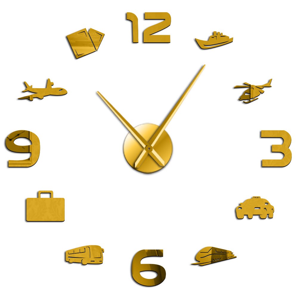Travel Transport Vehicles DIY Wall Clock With Long Hands Mirror Effect Stickers Self Adhesive Clock Watch For Outing Home Decor: Gold / 47 inch