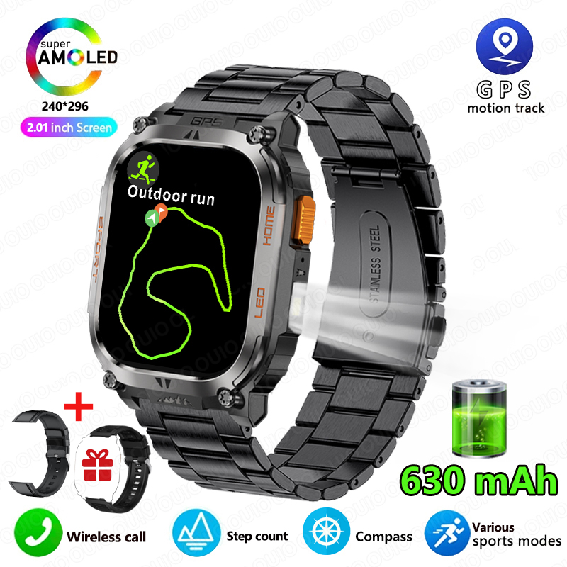 Smartwatch z wbudowanym GPS, wodoodporny IP68, bateria 630 mAh, kompas, barometryczny wysokościomierz, odtwarzanie muzyki Bluetooth, sterowanie głosowe AI, połączenia BT.: W kolorze khaki