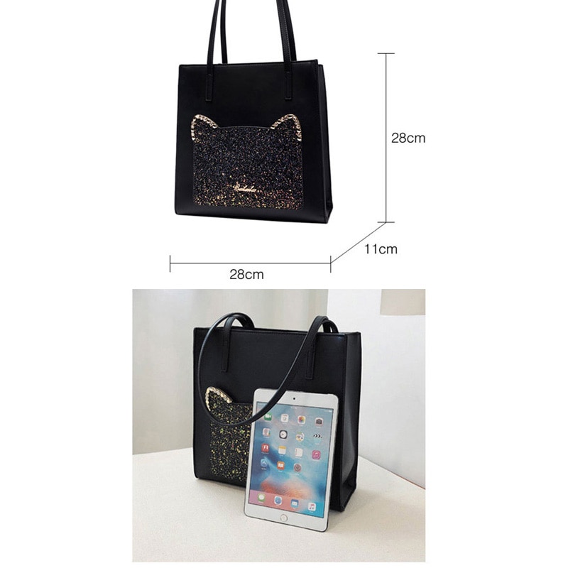 Beibaobao Mode Pailletten Kat Vrouwen Tassen Grote Schoudertassen Dames Luxe Pu Leer Totes Bag Leuke Vrouwen 'S Handtassen