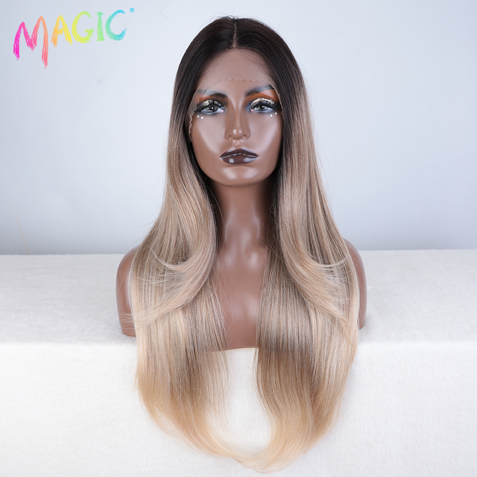 Magic Hair Synthetic Lace Front Wig Long straight 28 Inch Lace Wig Ombre Blonde Wig Heat Resistant Wigs For Women Lace Front Wig: KAF8