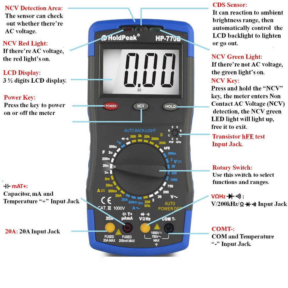 Multimetro HoldPeak HP-770B NCV Digital Multimeter Feature And Frequency/Dide/hFE Test