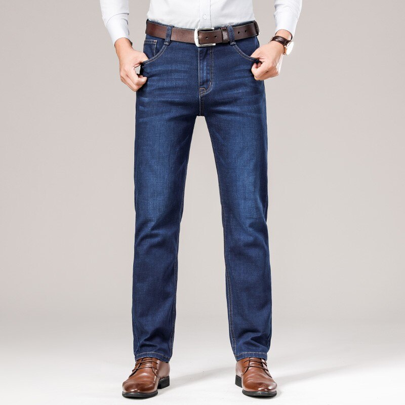 Mænd efterår stretch løs pasform brede ben moda masculina bukser herre jeans klassisk afslappet pasform denim bukser biker